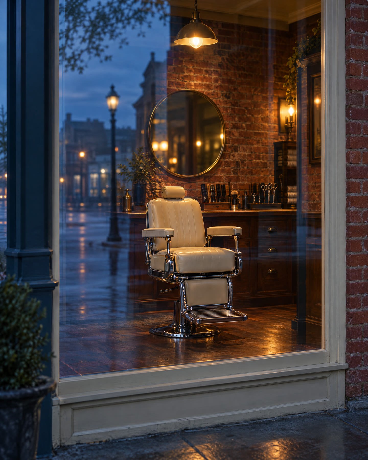 A barber's chair glowing behind a shop window at dusk