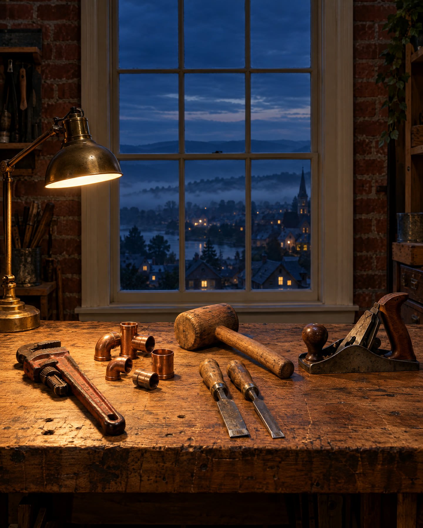 Well-used hand tools on a workbench under a warm lamp